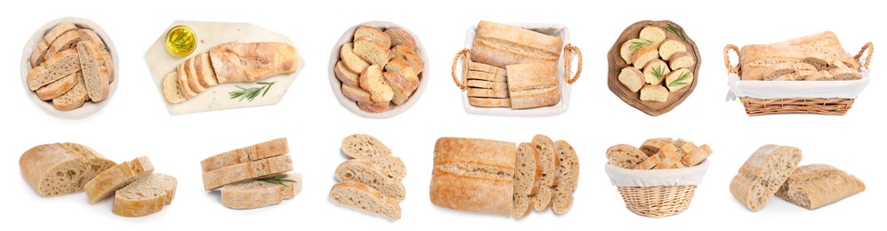 Set with fresh delicious ciabattas on white background. Banner design