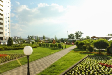 KYIV, UKRAINE - MAY 21, 2019: Beautiful view of modern housing estate in Pecherskyi district on sunny day