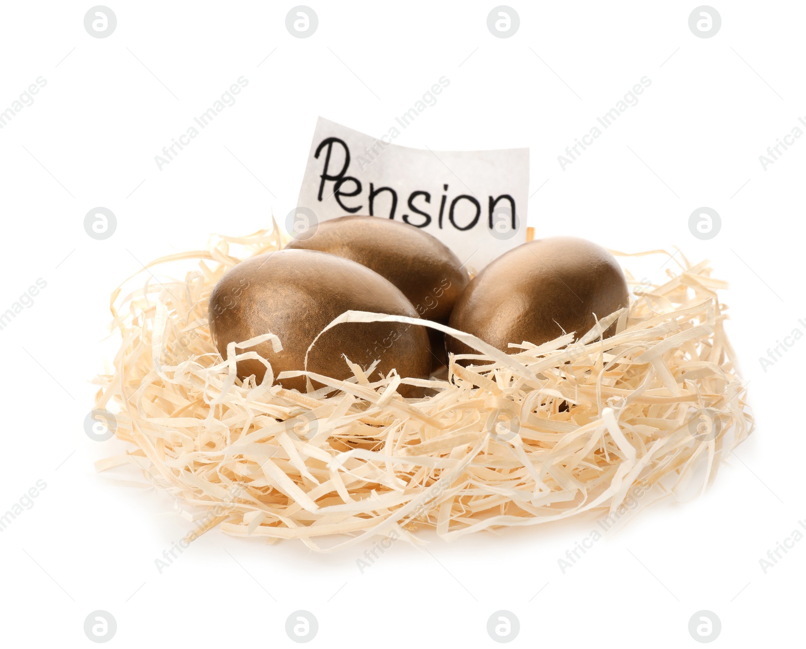 Photo of Golden eggs and card with word PENSION in nest on white background