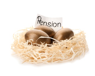 Photo of Golden eggs and card with word PENSION in nest on white background