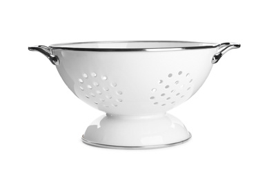 Photo of New colander isolated on white. Cooking utensil
