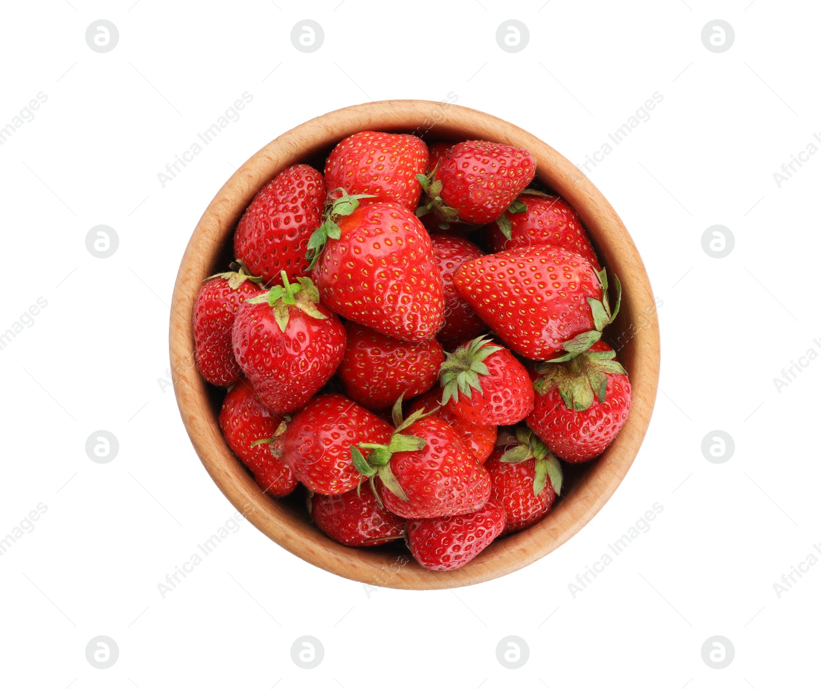 Photo of Ripe strawberries in bowl isolated on white, top view