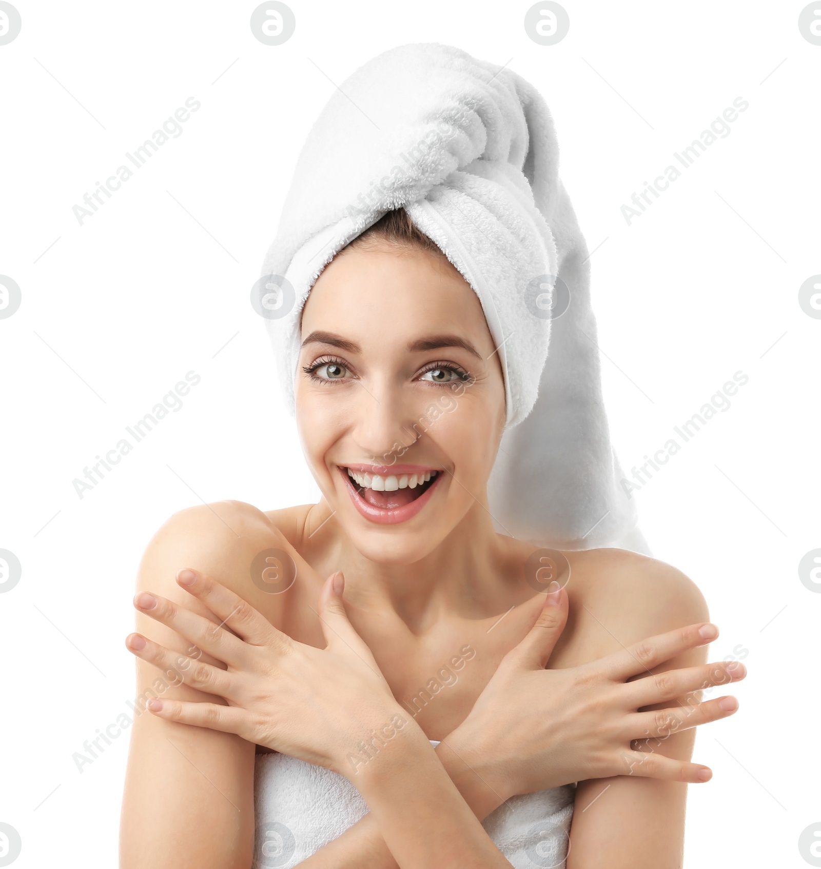 Photo of Beautiful young woman with silky skin on white background