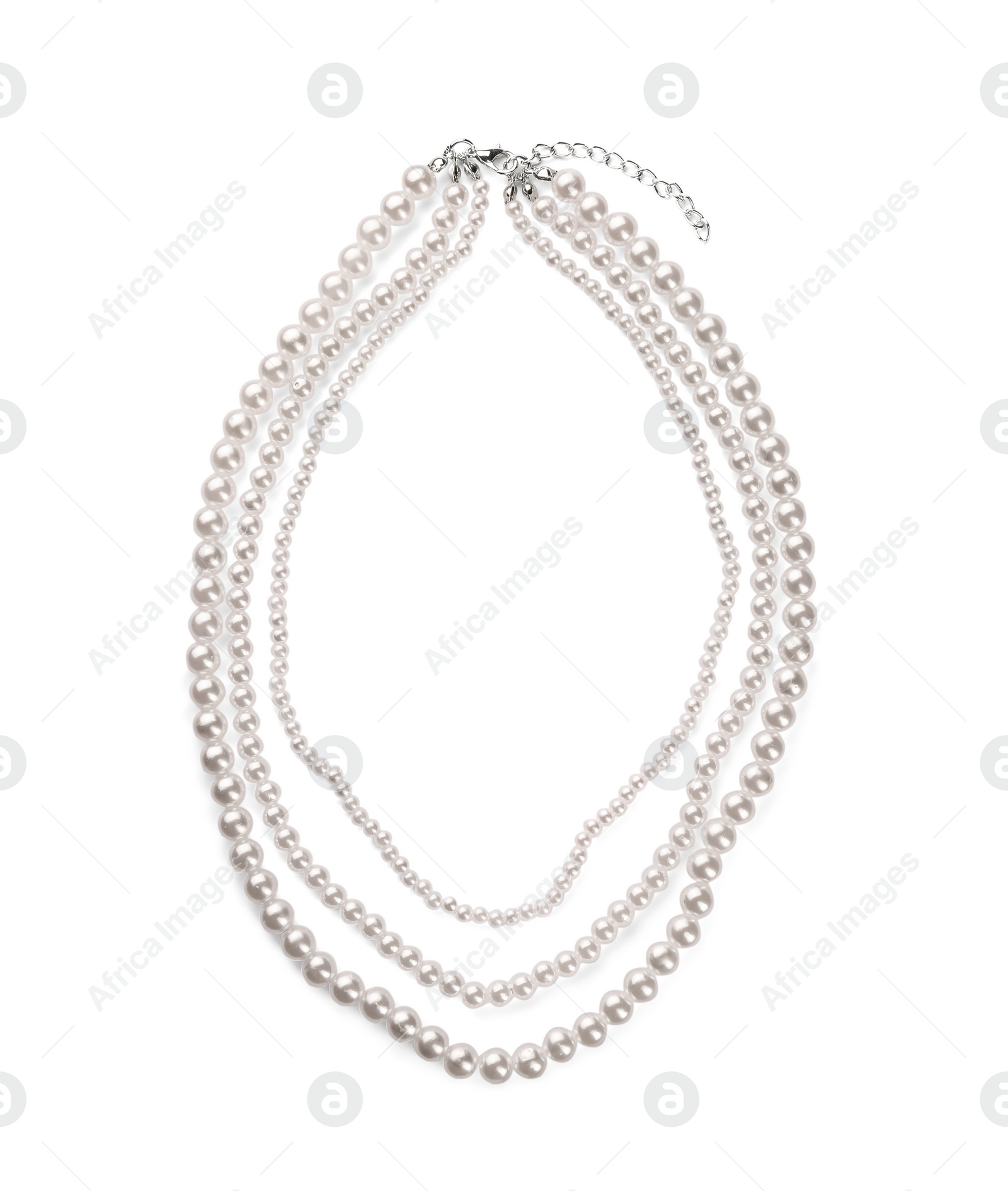 Photo of Elegant pearl necklace isolated on white, top view