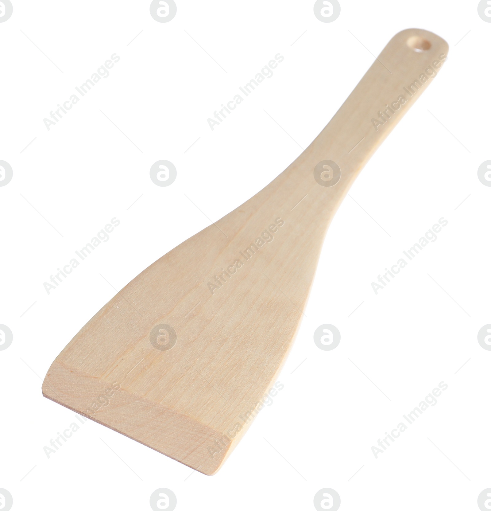 Photo of One wooden spatula isolated on white. Kitchen utensil