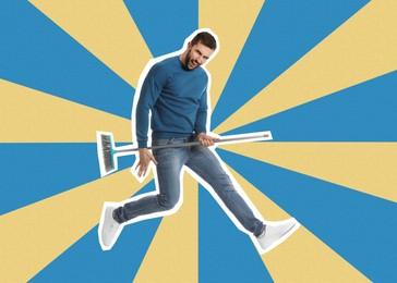Image of Pop art poster. Funny man with broom jumping on bright striped background, pin up style