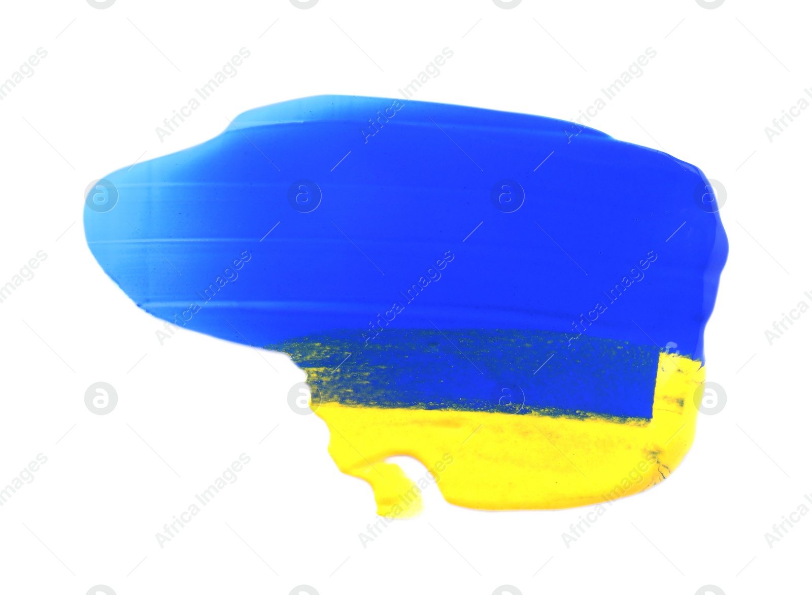 Photo of Blue and yellow paint samples on white background, top view