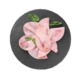 Slices of tasty ham and basil isolated on white, top view