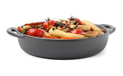 Photo of Tasty roasted baby corn with tomatoes, capers and mushrooms isolated on white