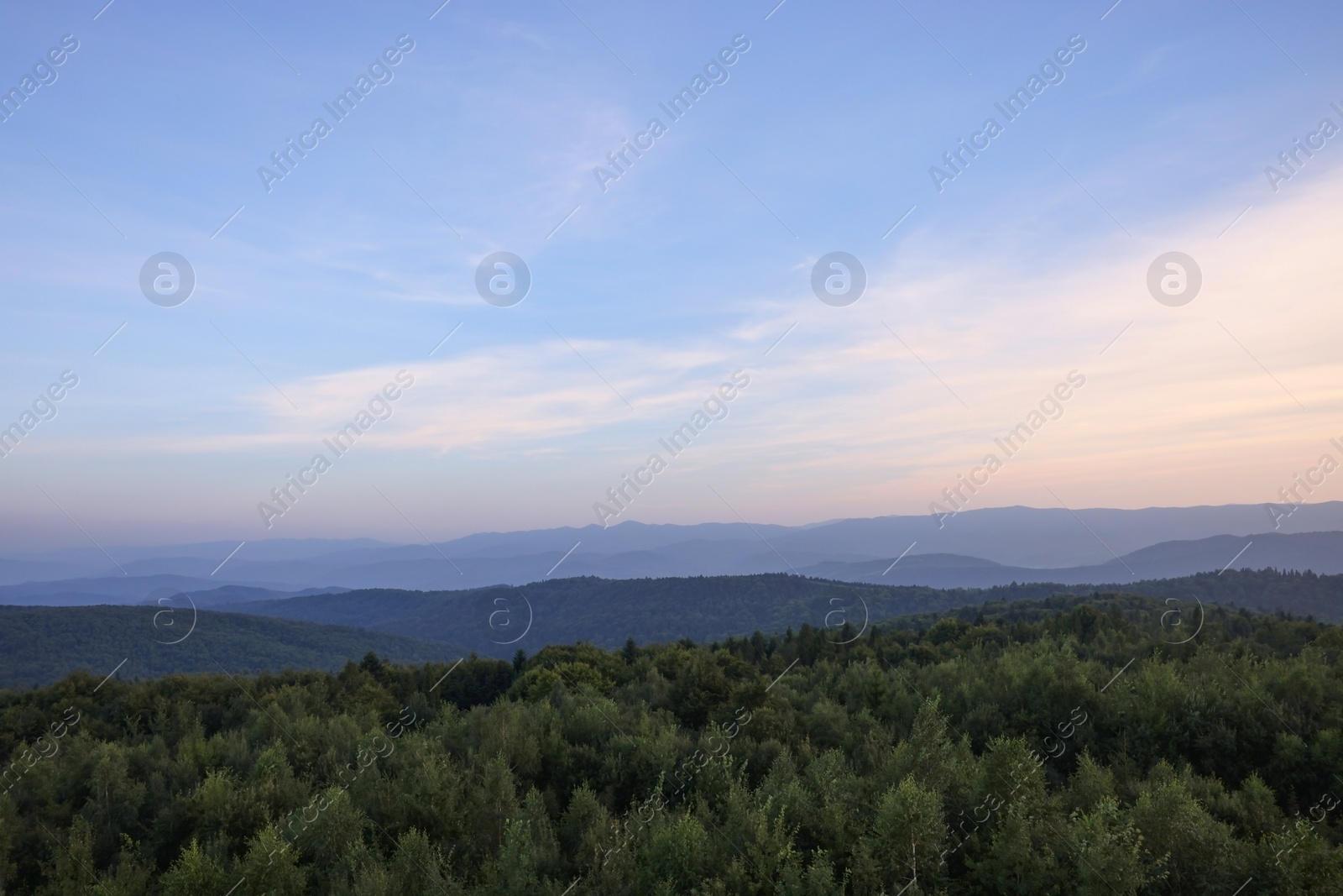 Photo of Picturesque view of mountains covered with forest under sky