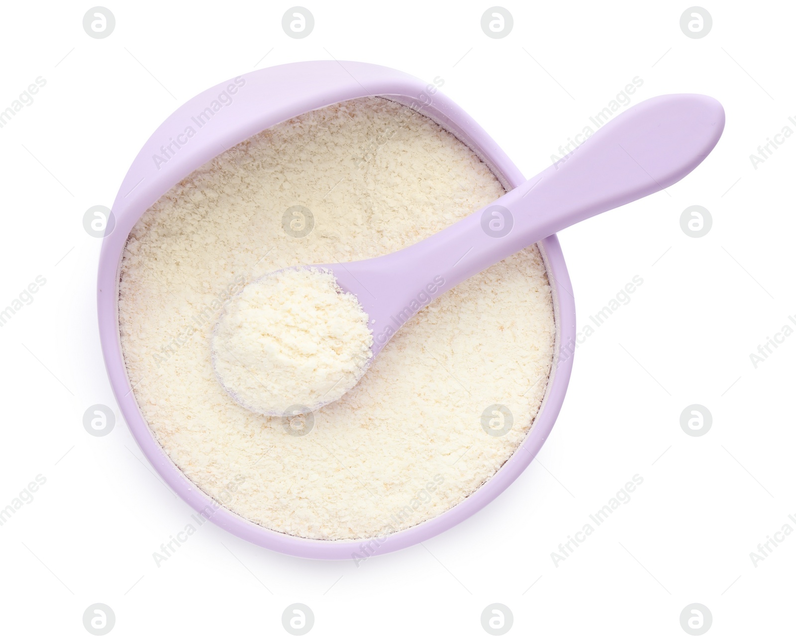 Photo of Dry healthy baby food in bowl on white background, top view