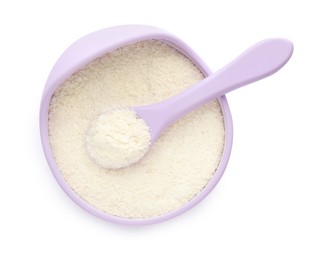 Photo of Dry healthy baby food in bowl on white background, top view