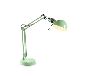 Photo of Modern desk lamp on white background. Idea for interior design