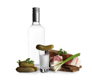 Photo of Russian vodka and different appetizers isolated on white