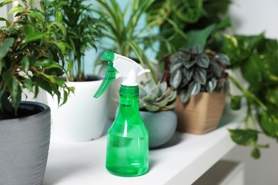 Different beautiful houseplants and spray bottle with water on window sill indoors