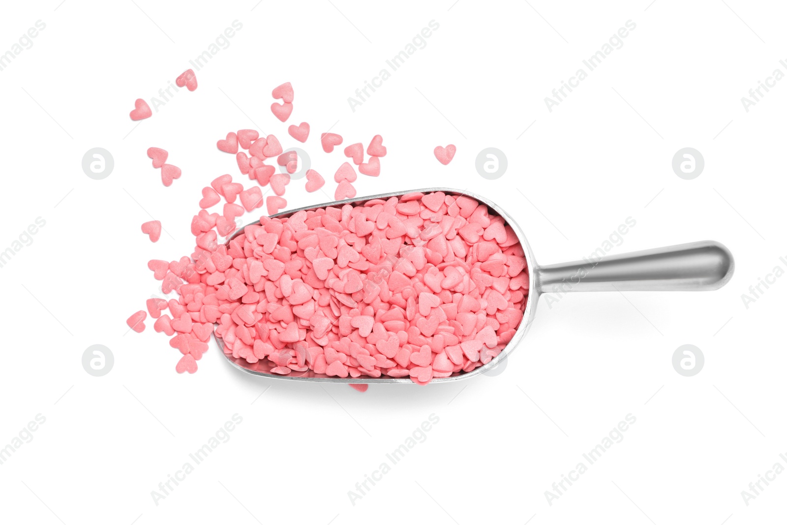 Photo of Scoop with sweet candy hearts on white background, top view