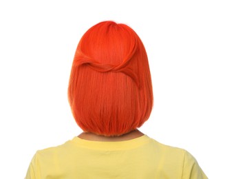 Young woman with bright dyed hair on white background, back view