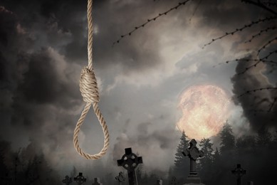 Image of Rope noose with knot and misty cemetery on full moon night