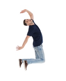 Man in casual clothes posing on white background