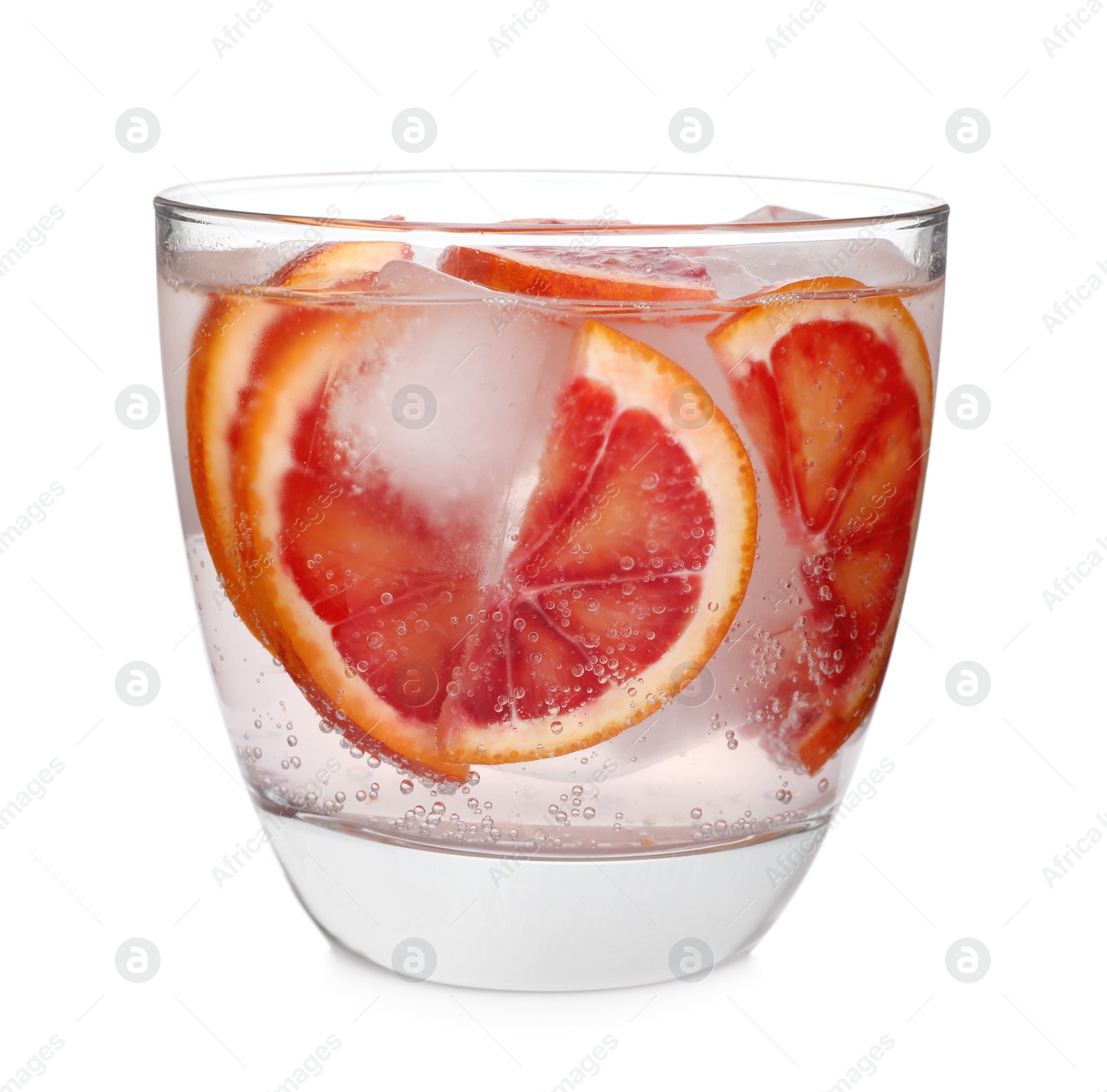 Photo of Delicious refreshing drink with sicilian orange and ice cubes in glass isolated on white