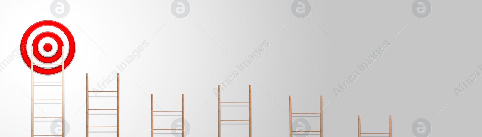 Image of Target and achievement concept. Wooden ladders and one leading to bullseye on light grey background, banner design