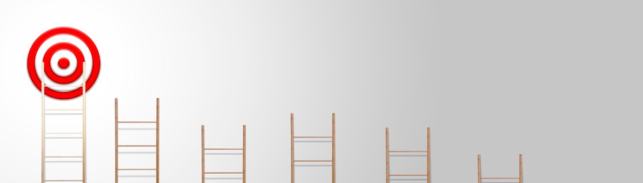 Image of Target and achievement concept. Wooden ladders and one leading to bullseye on light grey background, banner design