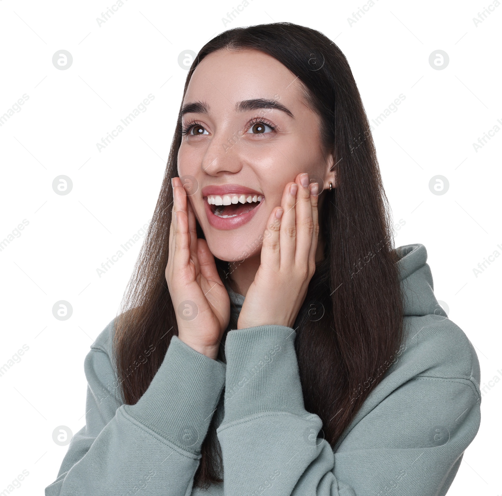 Photo of Portrait of happy surprised woman on white background