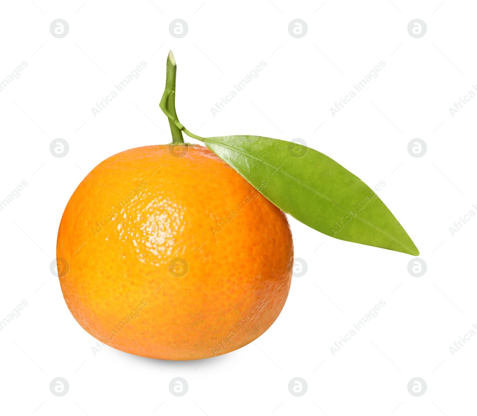 Photo of Fresh ripe juicy tangerine with green leaf isolated on white