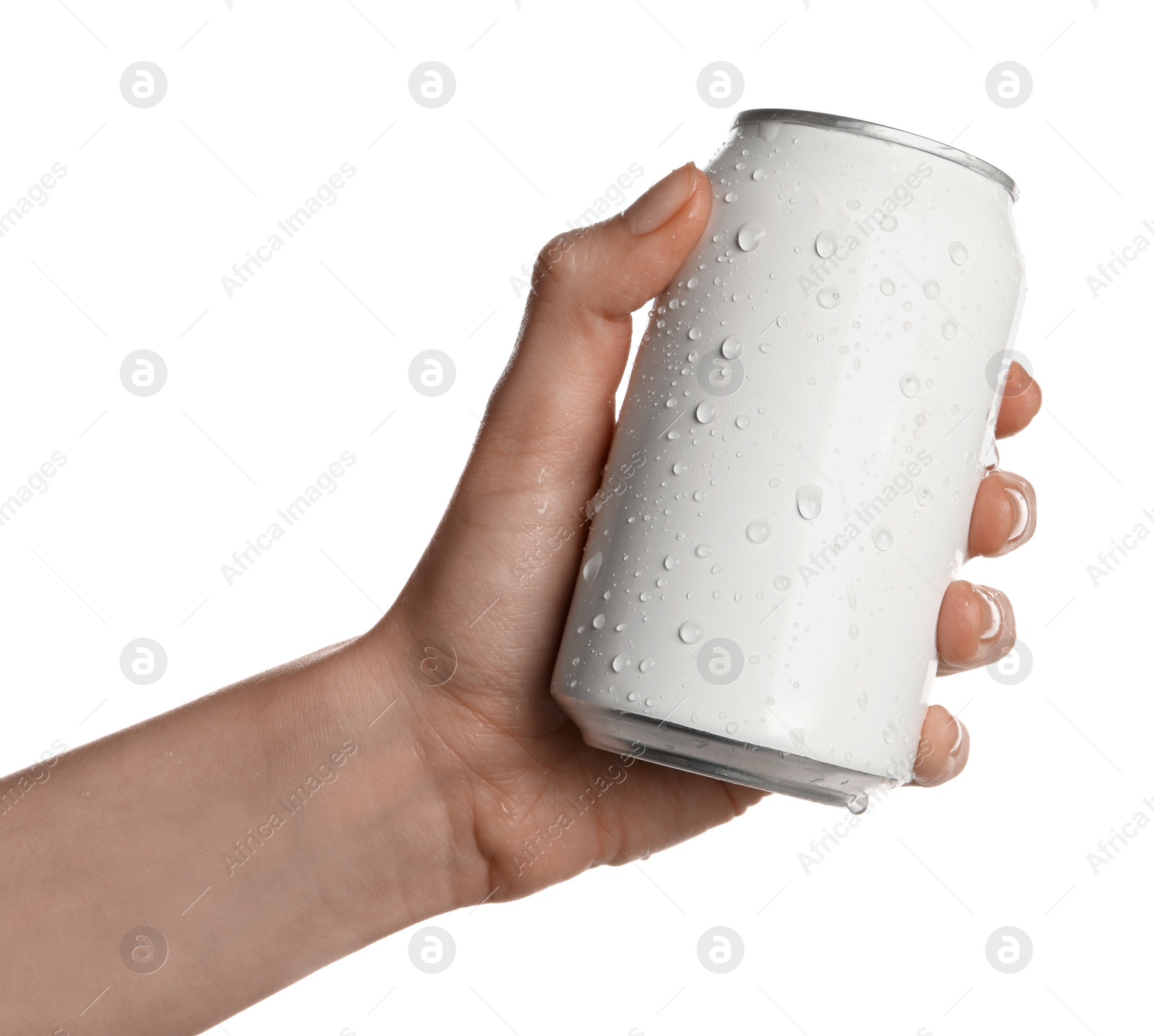 Photo of Woman holding aluminum can on white background, closeup