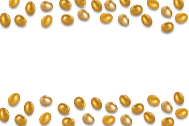 Image of Shiny golden eggs on white background, top view