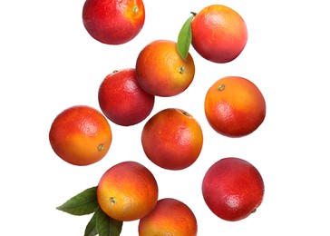 Image of Many tasty Sicilian oranges and green leaves falling on white background