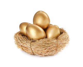 Shiny golden eggs in nest on white background