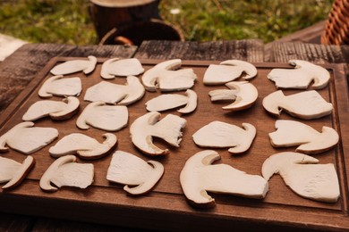 Photo of Slices of mushrooms on wooden board outdoors, closeup