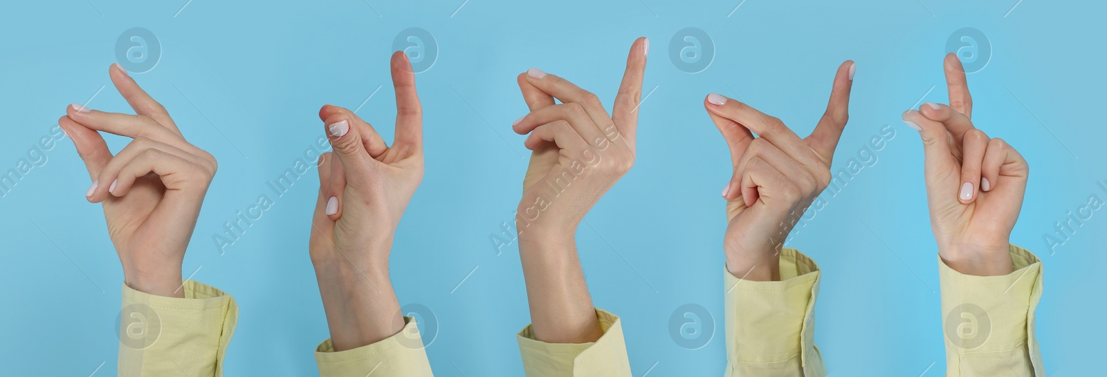 Image of Collage with photos of women snapping fingers on light blue background, closeup. Banner design