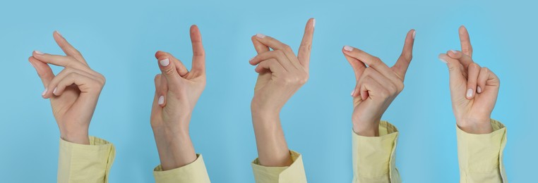 Collage with photos of women snapping fingers on light blue background, closeup. Banner design