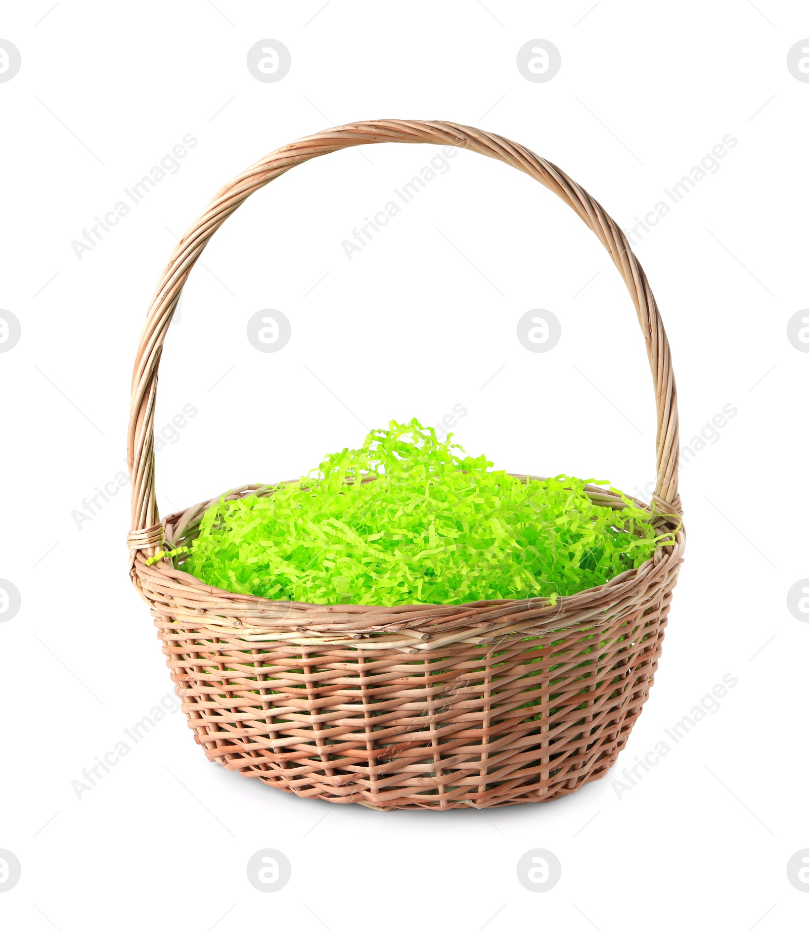 Photo of Easter wicker basket with decorated grass isolated on white