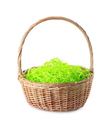 Easter wicker basket with decorated grass isolated on white