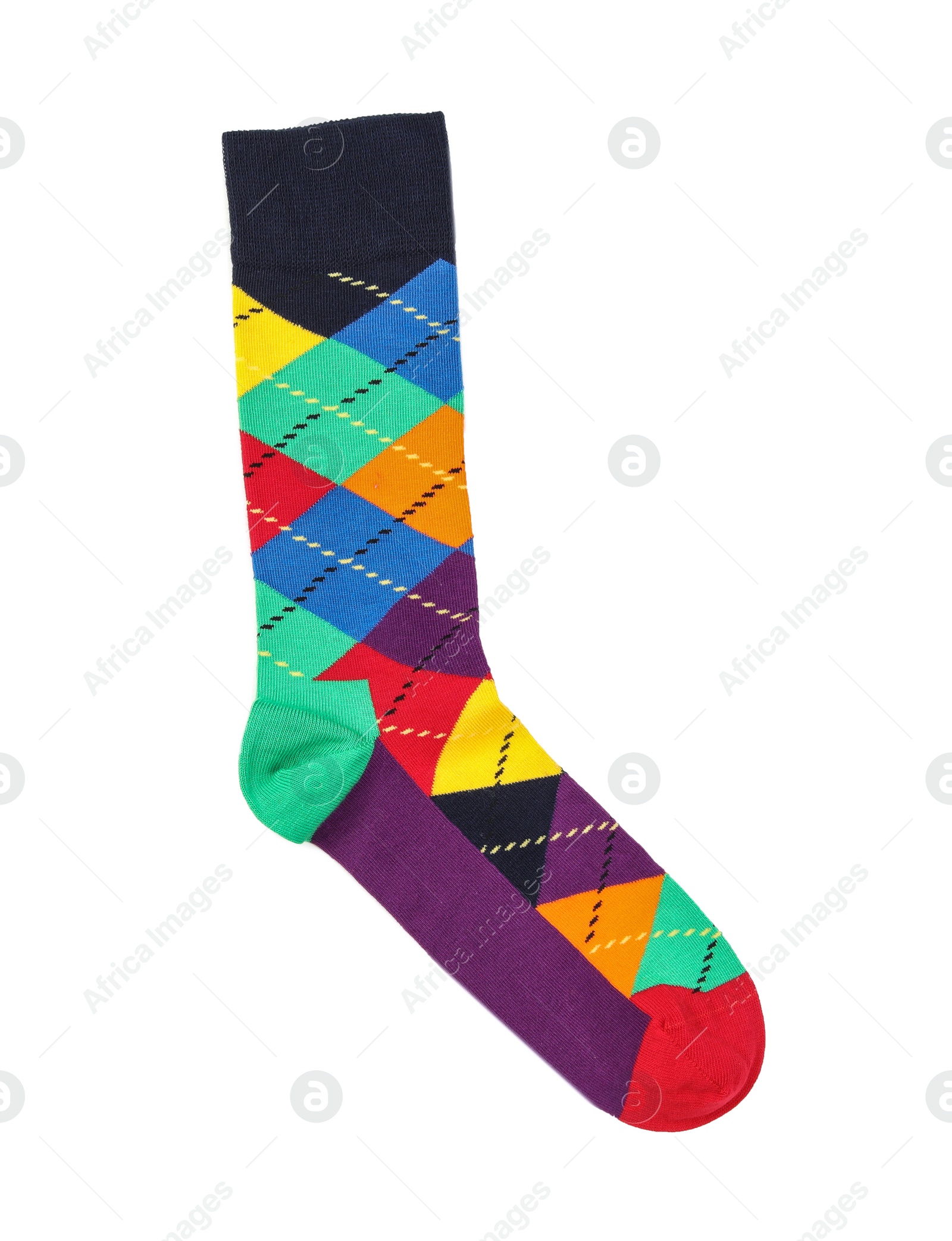 Photo of Colorful sock on white background, top view