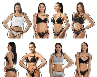 Image of Collage with photos of slim young women wearing beautiful underwear on white background. Illustrations of lines around ladies before weight loss