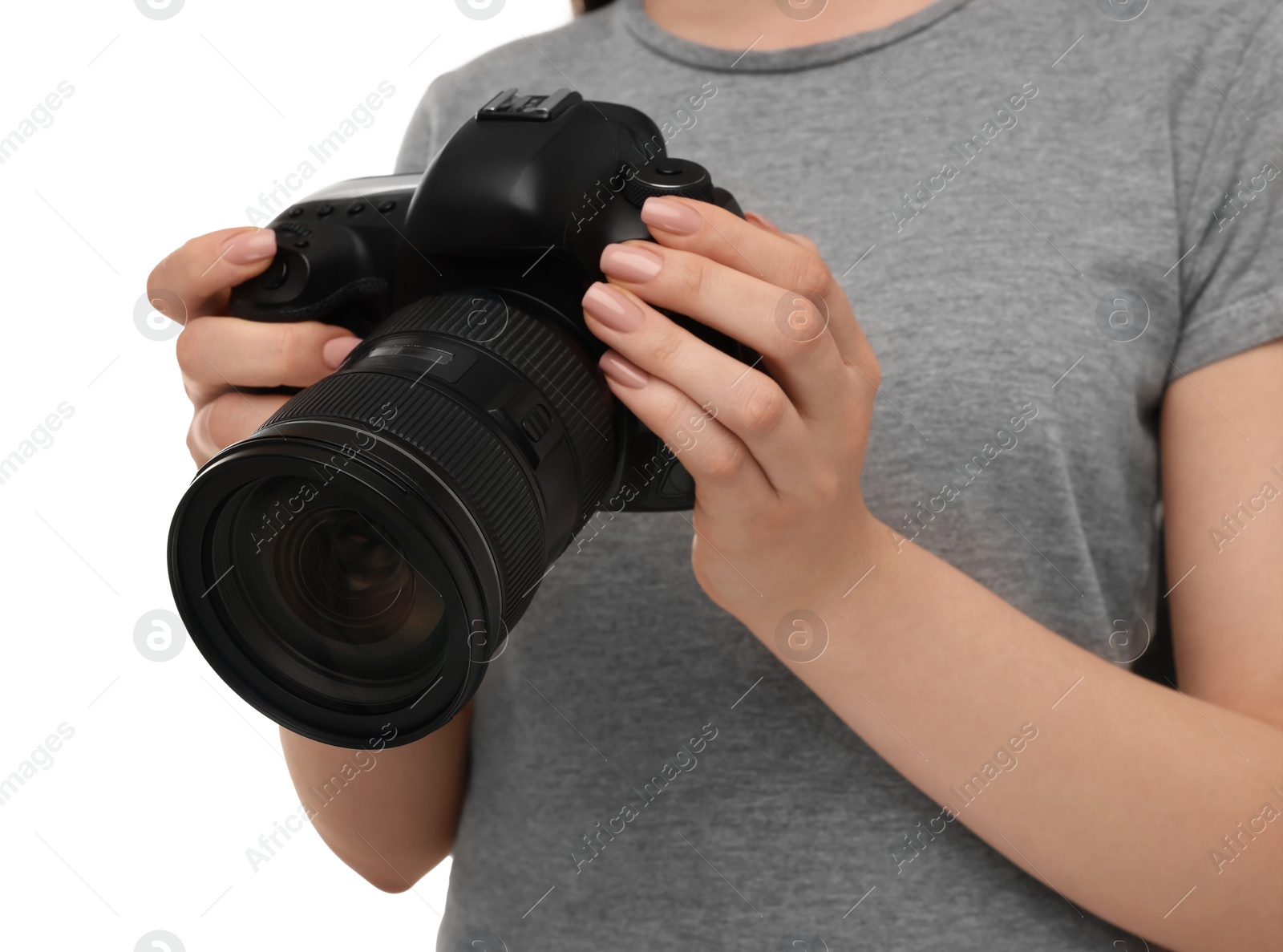 Photo of Photographer with camera on white background, closeup