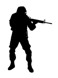 Image of Silhouette of soldier with assault rifle on white background. Military service