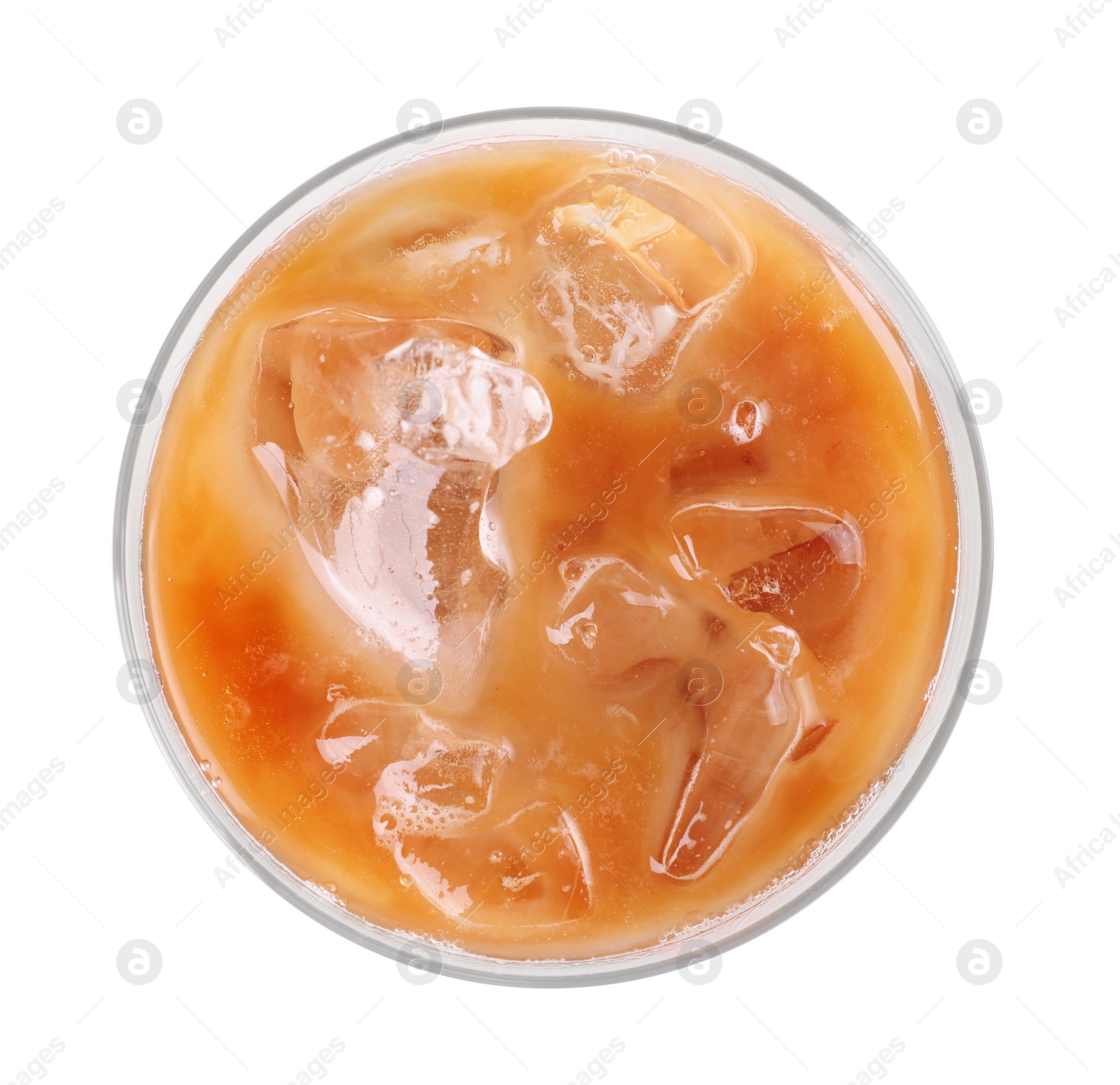 Photo of Glass of fresh iced coffee isolated on white, top view