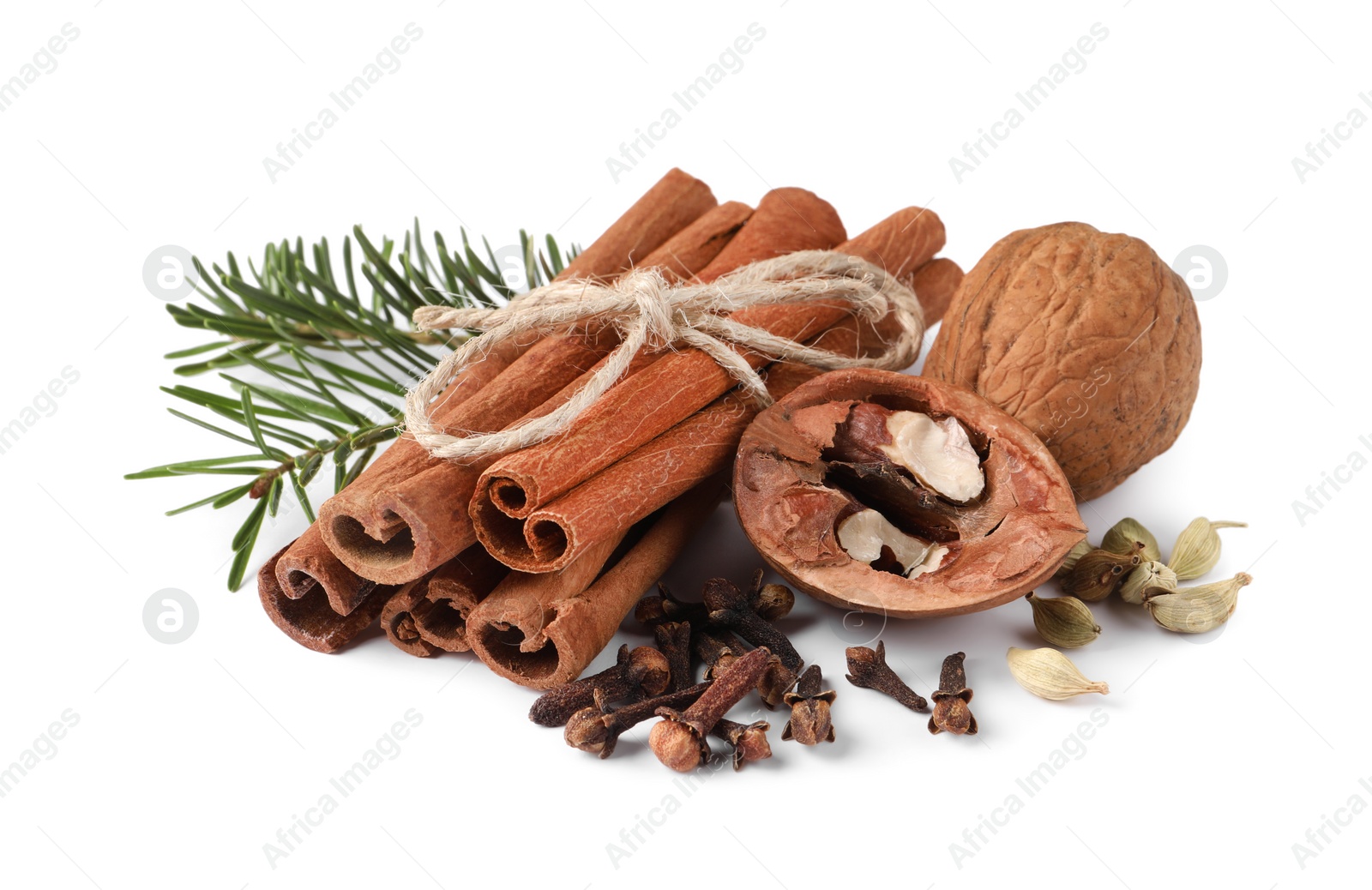Photo of Different spices, nuts and fir branches on white background