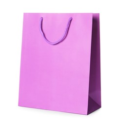 Photo of One violet shopping bag isolated on white