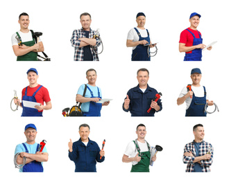 Image of Collage with photos of plumbers on white background