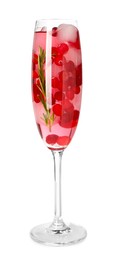 Tasty cranberry cocktail with ice cubes and rosemary in glass isolated on white