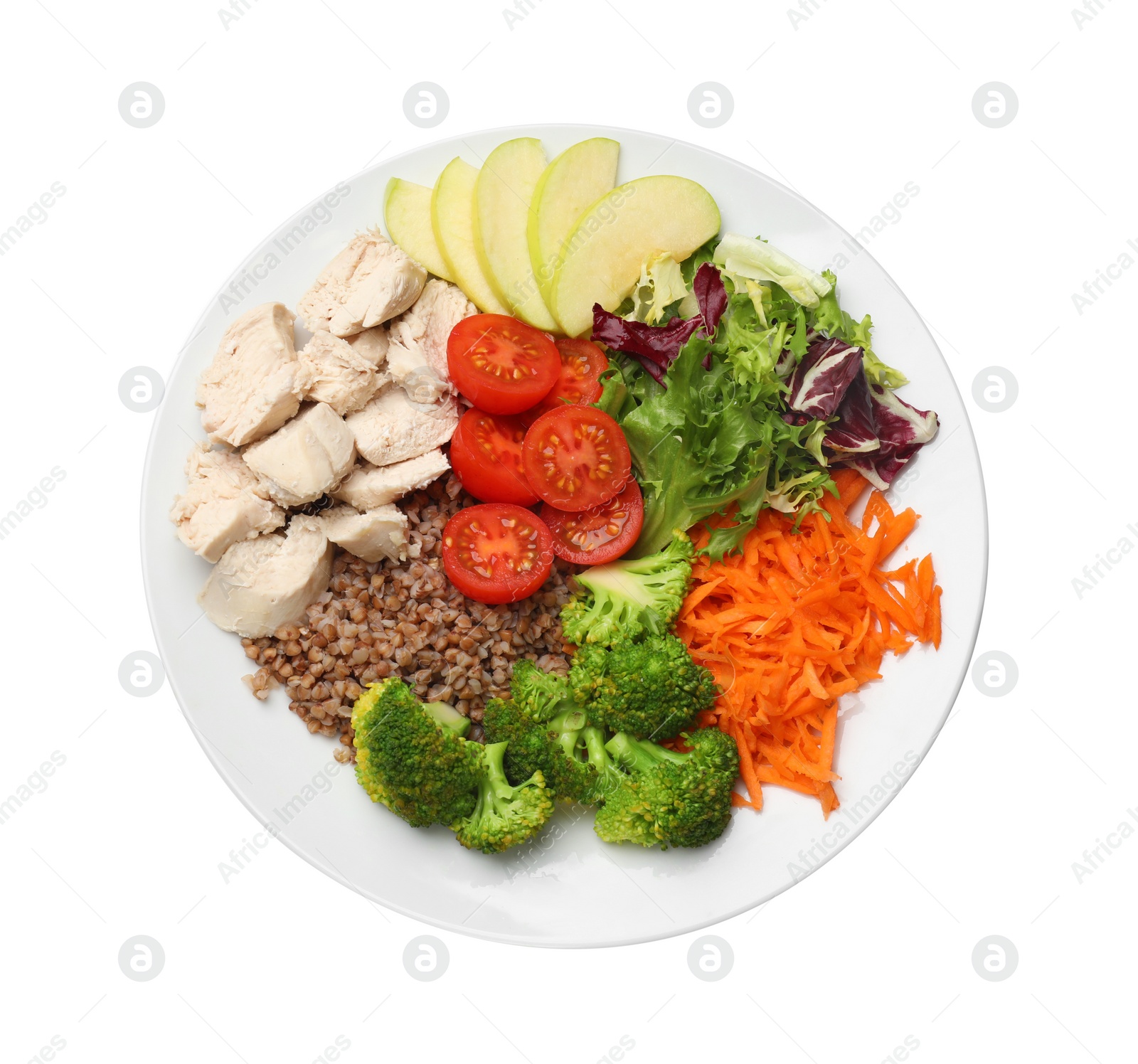 Photo of Balanced diet and healthy foods. Plate with different delicious products isolated on white, top view