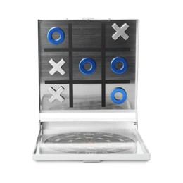Photo of Tic-tac-toe set on white background. Board game