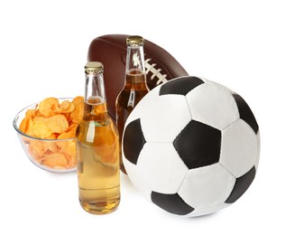 Photo of Different football balls, beer and chips on white background