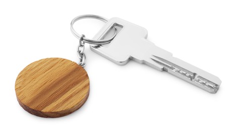 Photo of Key with wooden keychain in shape of smiley face isolated on white